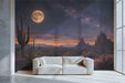 The desert night mural installed behind a minimalist bed in an entryway.
