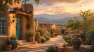 A mural wallpaper design featuring an adobe village at sunset with terracotta walls, turquoise doors, and desert flora.