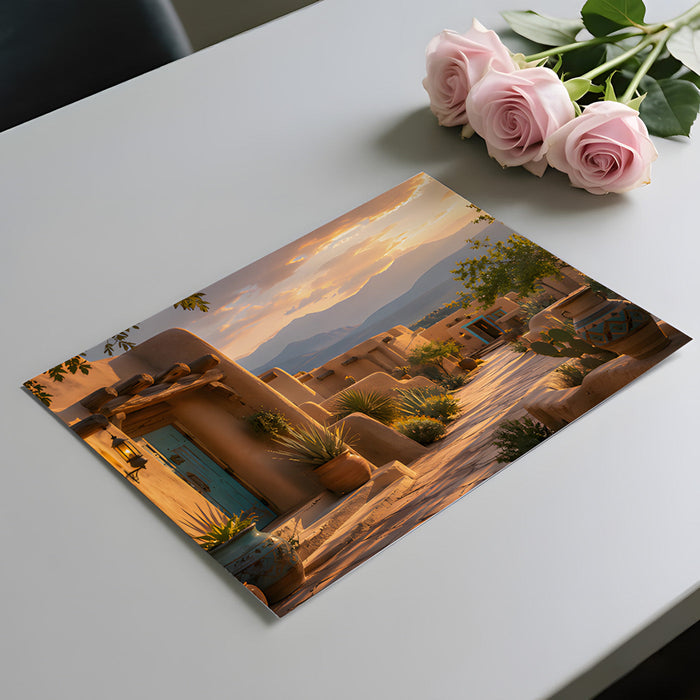 A tranquil bedroom space accented with an adobe landscape wallpaper to create a peaceful desert retreat.