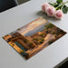 A tranquil bedroom space accented with an adobe landscape wallpaper to create a peaceful desert retreat.