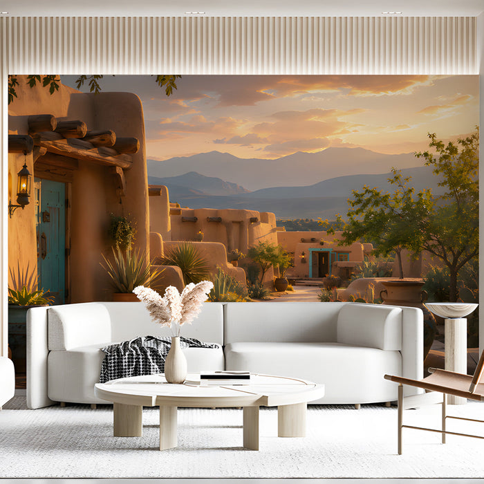 A warm home office environment with a Southwestern mural, enhancing the creative and earthy atmosphere.