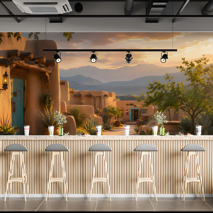 A cozy bar featuring a desert sunset wall mural behind a leather sofa and rustic wood decor.