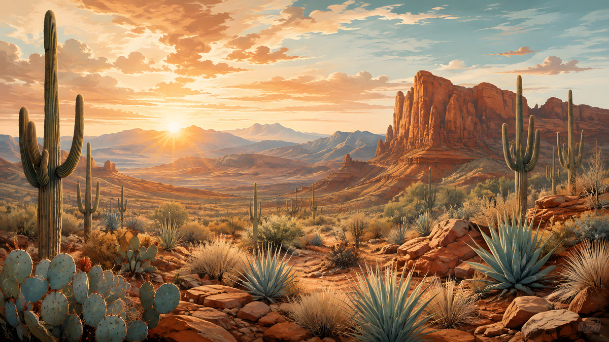 A wide-angle desert landscape at sunset featuring tall saguaro cacti, red sandstone rock formations, and mountain vistas.