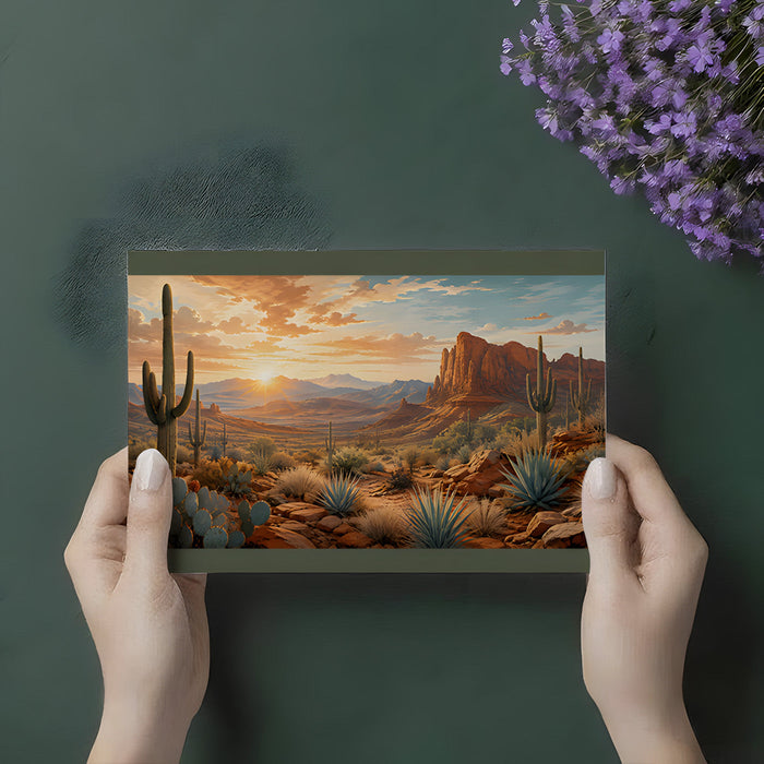 A cozy home office setup with a sunset desert mural on the wall, creating a serene and inspiring work environment.