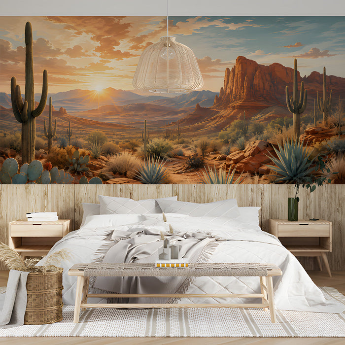 A bedroom interior with a desert cactus landscape wallpaper creating a natural and warm backdrop for evening meals.