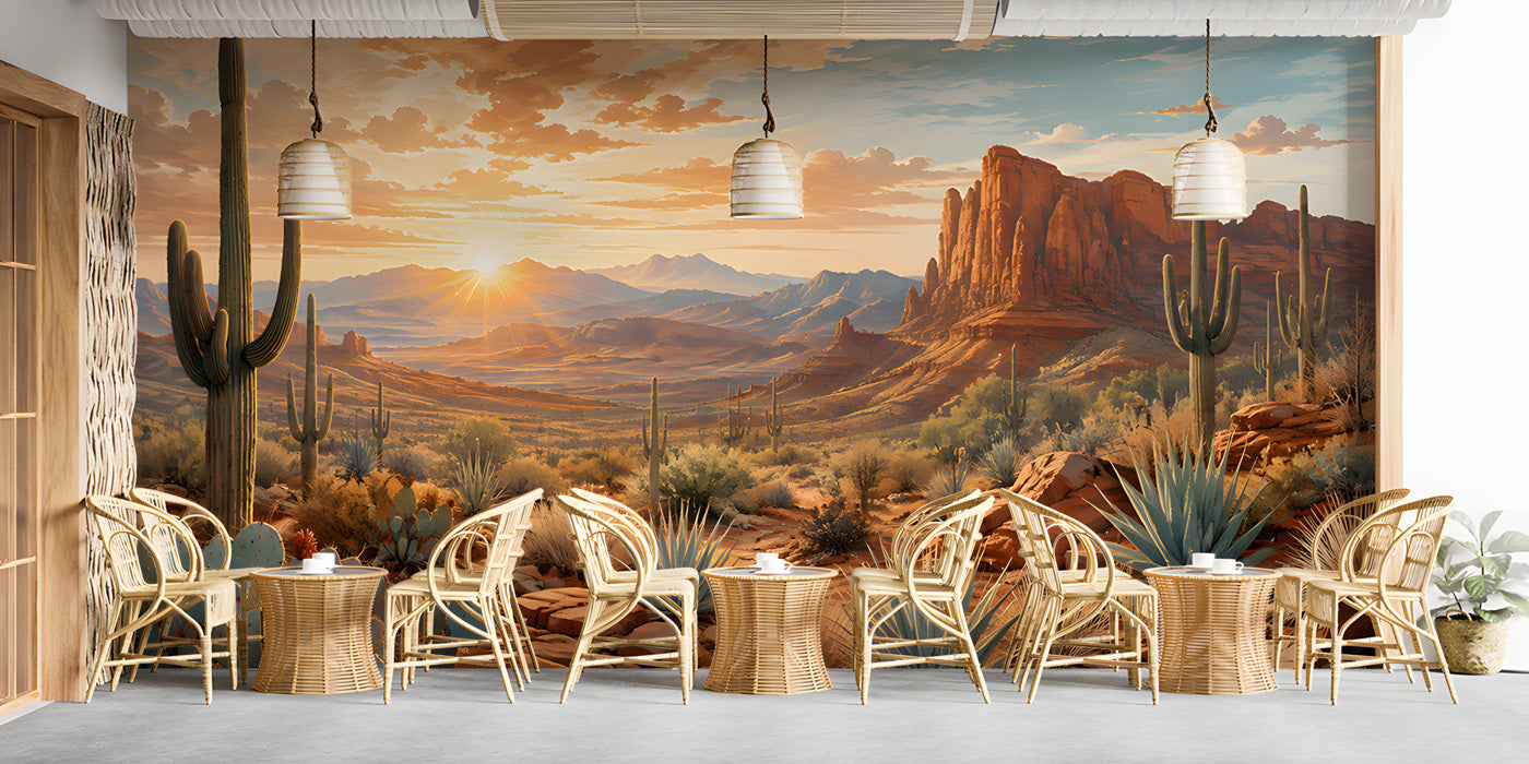 A spacious cafe featuring the desert sunset wallpaper as a floor-to-ceiling focal point behind a neutral sofa.