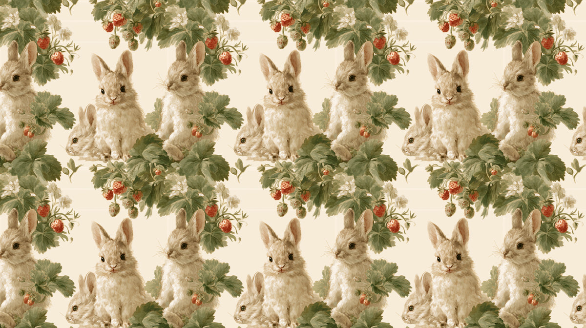 A vintage-style wallpaper pattern featuring detailed illustrations of rabbits, green strawberry leaves, and red berries on a cream background.