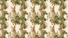 A vintage-style wallpaper pattern featuring detailed illustrations of rabbits, green strawberry leaves, and red berries on a cream background.