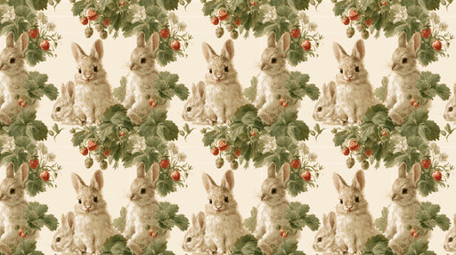 A vintage-style wallpaper pattern featuring detailed illustrations of rabbits, green strawberry leaves, and red berries on a cream background.