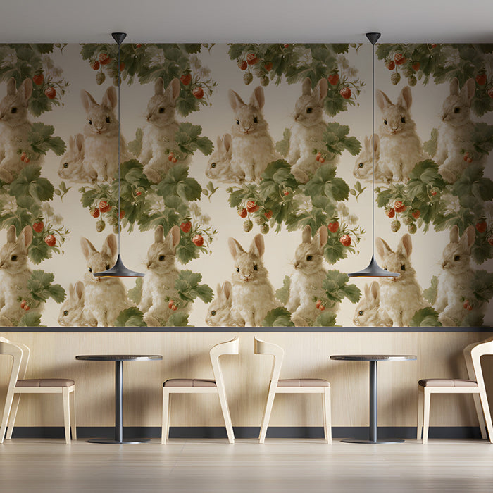 A bar with charming bunny and wild strawberry wall mural for a whimsical and cozy feel.