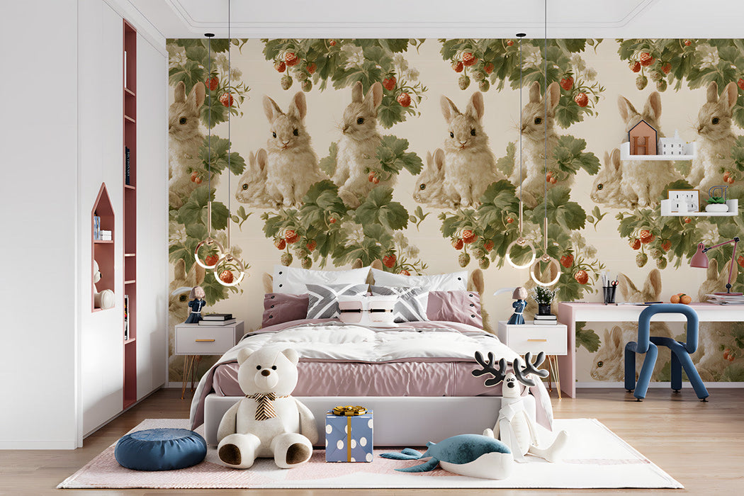 A kid's bedroom wall adorned with vintage bunny and strawberry botanical wallpaper in a soft cream color scheme.