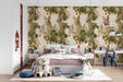 A kid's bedroom wall adorned with vintage bunny and strawberry botanical wallpaper in a soft cream color scheme.