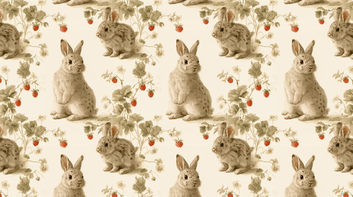 Vintage-style wallpaper pattern featuring detailed illustrations of rabbits and red strawberries on a cream background