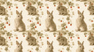 Vintage-style wallpaper pattern featuring detailed illustrations of rabbits and red strawberries on a cream background