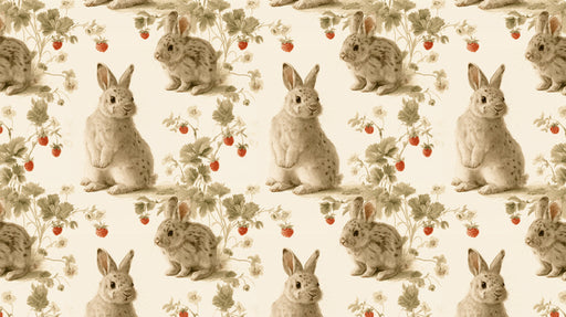 Vintage-style wallpaper pattern featuring detailed illustrations of rabbits and red strawberries on a cream background