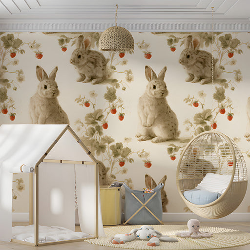 Cozy nursery room with rabbit and strawberry patterned wallpaper behind a wooden crib