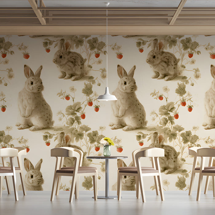 Light-filled reading nook featuring a vintage woodland rabbit mural on the feature wall