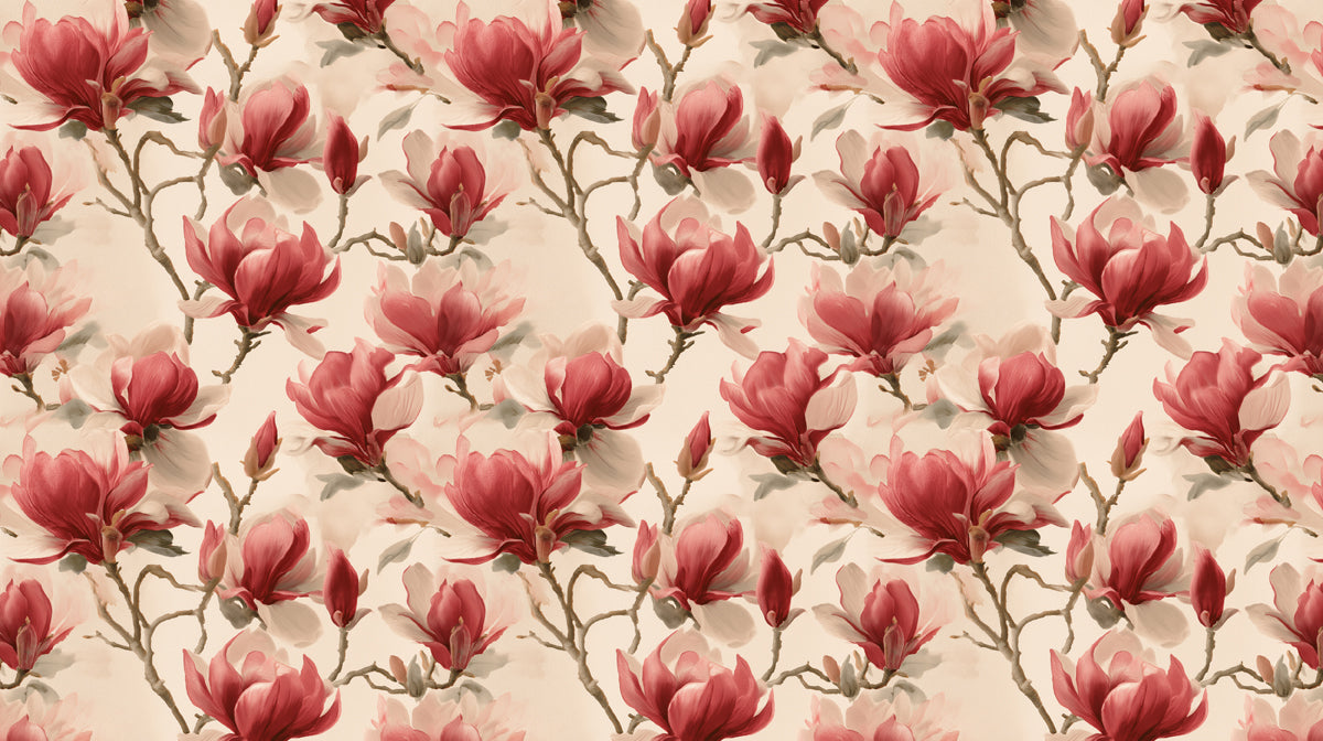 A repeating pattern of deep crimson magnolia flowers and buds on a creamy off-white background with painterly brushstrokes.