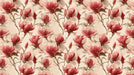 A repeating pattern of deep crimson magnolia flowers and buds on a creamy off-white background with painterly brushstrokes.