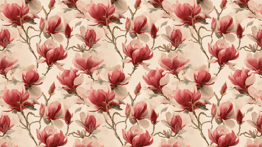 A repeating pattern of deep crimson magnolia flowers and buds on a creamy off-white background with painterly brushstrokes.