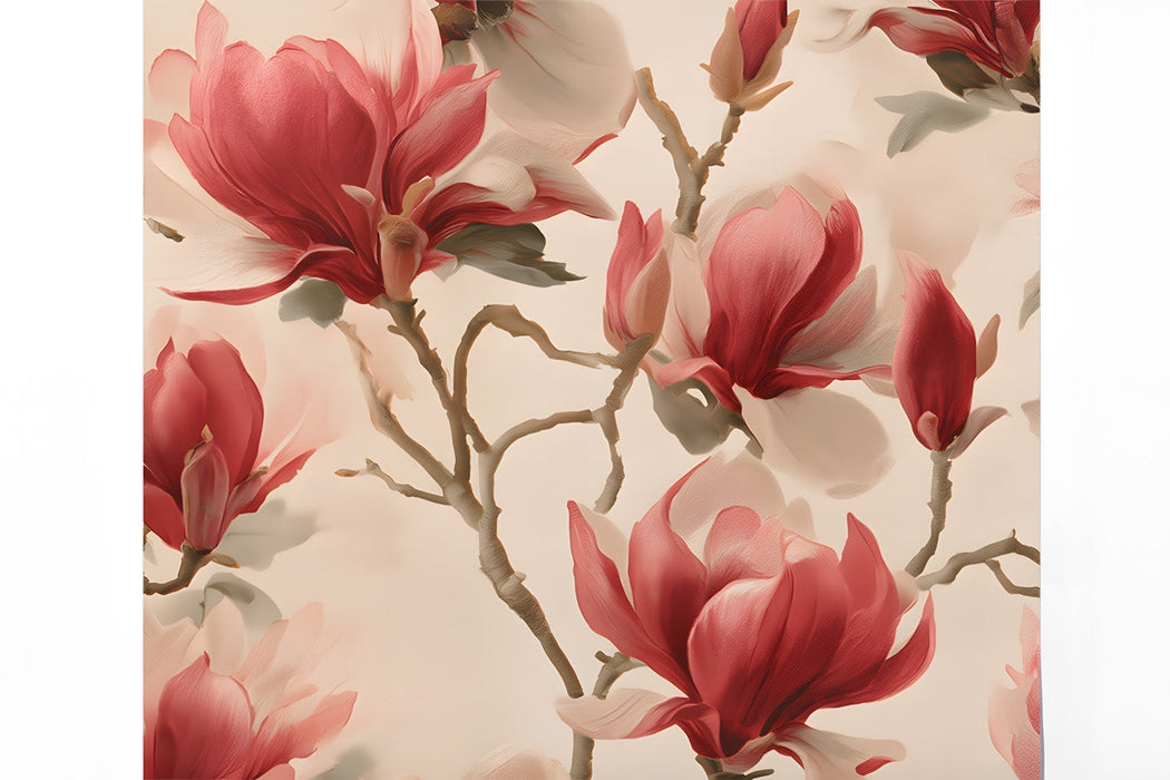 A sophisticated dining room with floral magnolia wallpaper, light wood furniture, and soft natural lighting.