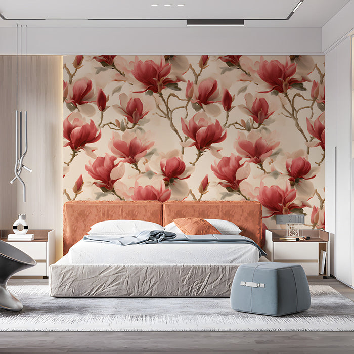 A bright, elegant bedroom decorated with large-scale magnolia blossom wallpaper and a classic side table.