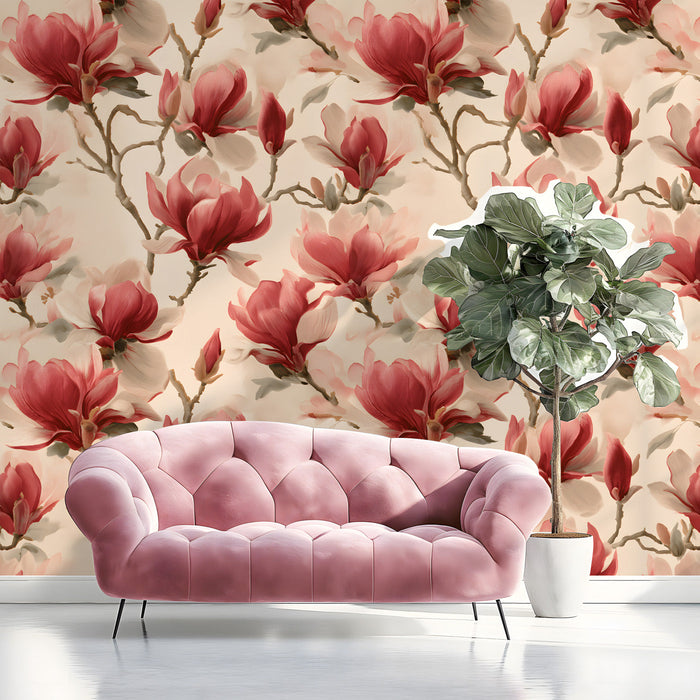 A cozy entryway featuring vintage magnolia floral wallpaper behind a wooden bed frame with neutral linens.