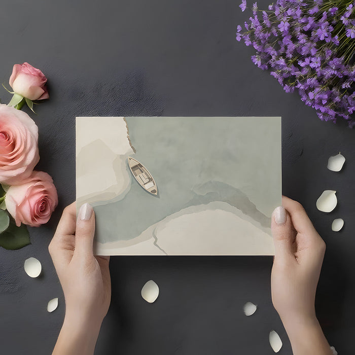 Modern home office with a calming watercolor landscape mural above a white desk