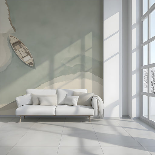 A tranquil hallway design decorated with a soft sage and sand colored coastal boat wallpaper