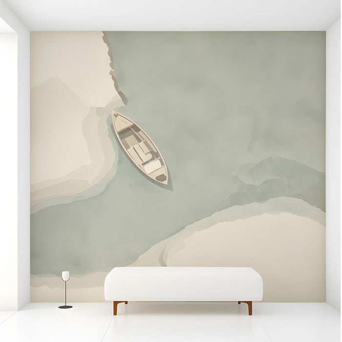 A peaceful entryway featuring a minimalist coastal boat mural on the main accent wall