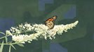 A monarch butterfly resting on a cream floral branch against a geometric forest green and slate blue background