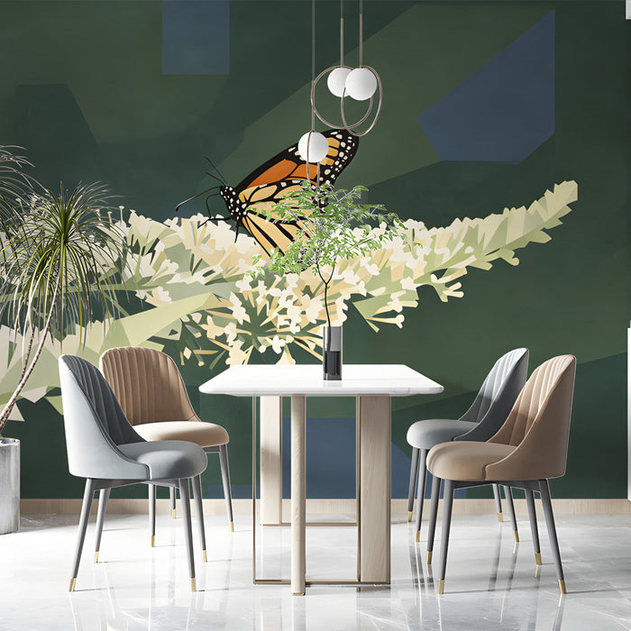 A cozy dining room styled with a monarch butterfly botanical wall mural