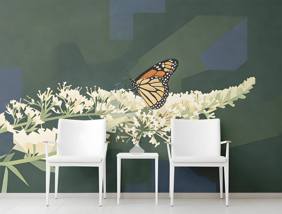 A tranquil entryway wall featuring a butterfly and botanical geometric mural