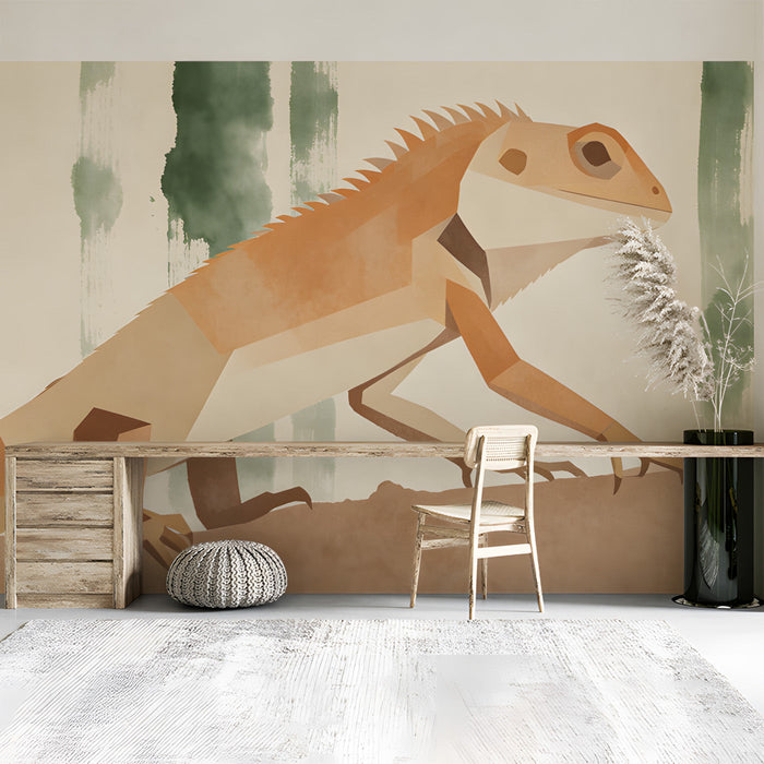 Scandinavian style study room wall covered with an artistic chameleon wallpaper design