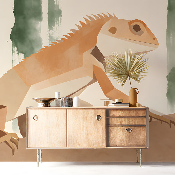Modern bedroom featuring a wildlife mural on the feature wall with wood furniture