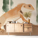 Modern bedroom featuring a wildlife mural on the feature wall with wood furniture