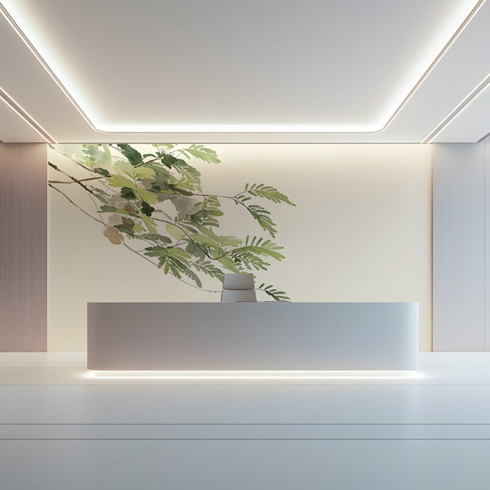 The fern branch wallpaper in a sunlit reception, paired with natural wood furniture.