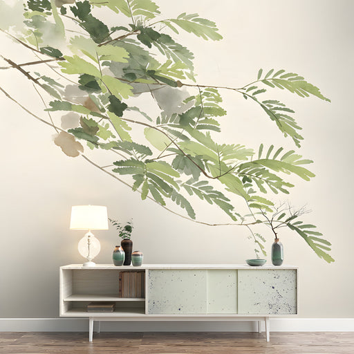 The fern branch mural installed as a calming focal point in a bright, modern bedroom.