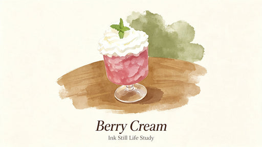 A whimsical watercolor study of a berry dessert in a glass with cream, on a wooden table, against a cream background.