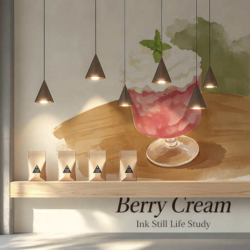 A playful café interior wall mural showcasing a berry cream illustration in a light and airy seating area.