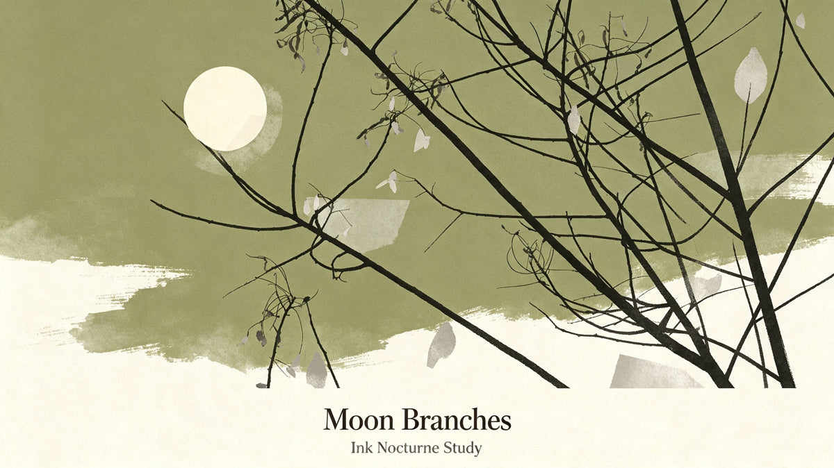 Abstract wallpaper pattern with black ink branches and a cream moon on a moss green painterly background.