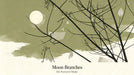 Abstract wallpaper pattern with black ink branches and a cream moon on a moss green painterly background.
