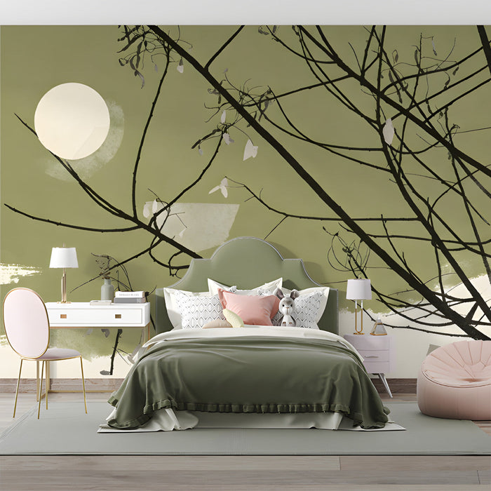 A quiet bedroom featuring the botanical mural as a backdrop for a comfortable accent chair.
