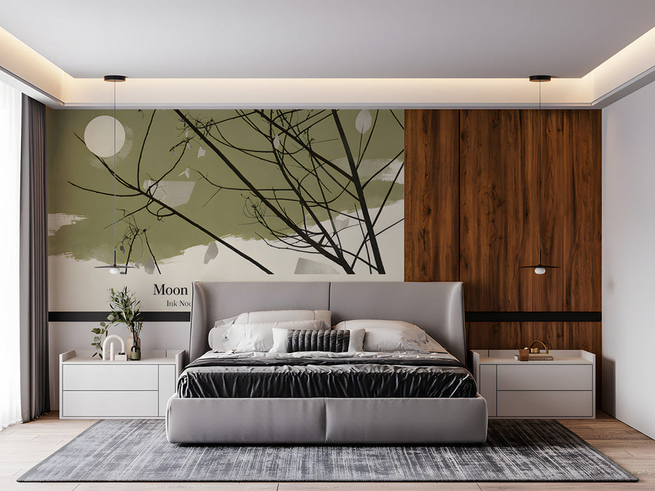 A minimalist bedroom wall featuring the Moonlit Branch mural behind a modern wooden bed frame.