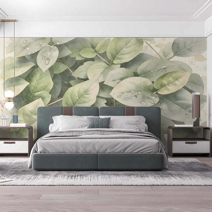 Leaf patterned wall mural in a minimalist bedroom with natural light and house plants