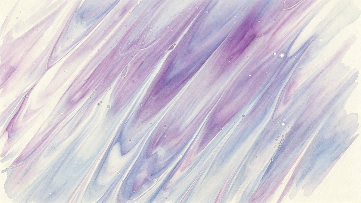 Abstract watercolor mural with diagonal streaks of lavender, periwinkle blue, and white ink wash.