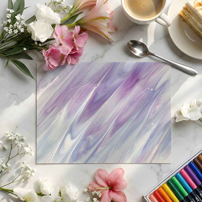 Fluid art wallpaper featured on a focal wall in a bright home office with light wood furniture.
