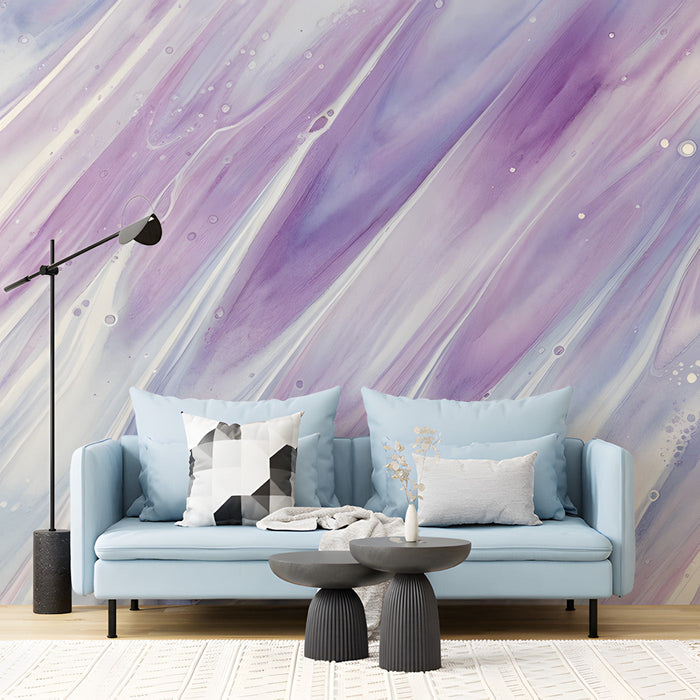 Abstract blue and purple wall mural shown in a cozy reading nook with velvet seating.