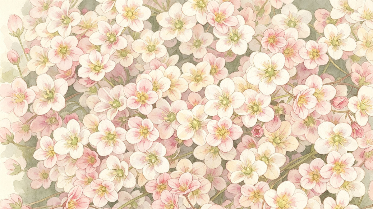 Watercolor floral wallpaper pattern with clusters of blush pink and cream flowers on sage green foliage