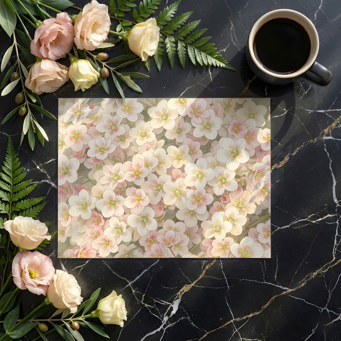 Blush meadow wallpaper in a cozy dining room with white tableware